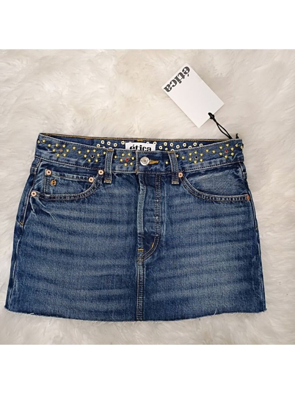 Ética Womens Denim Mini Skirt Blue Size 24 Organic Cotton Studded Frayed Hem New - Picture 2 of 15
